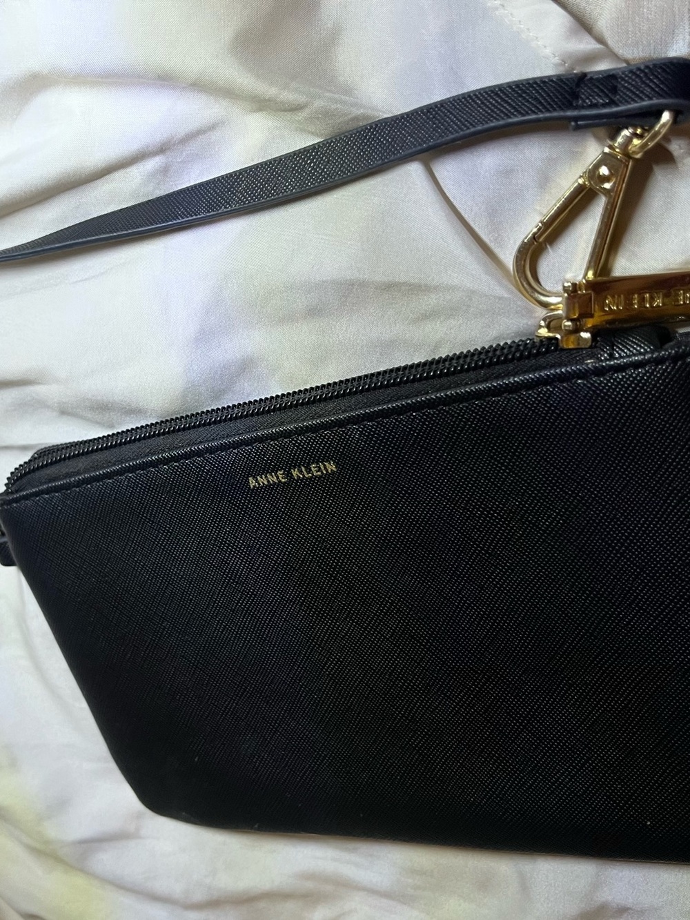 Anne Klein Black Saffiano Wristlet with Gold Accents
